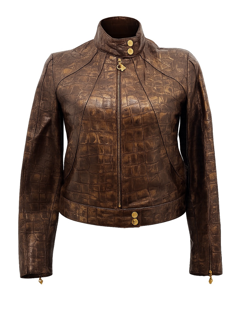 Vintage Y2K Baby Phat Crocodile Embossed Leather Jacket - Brown & Gold